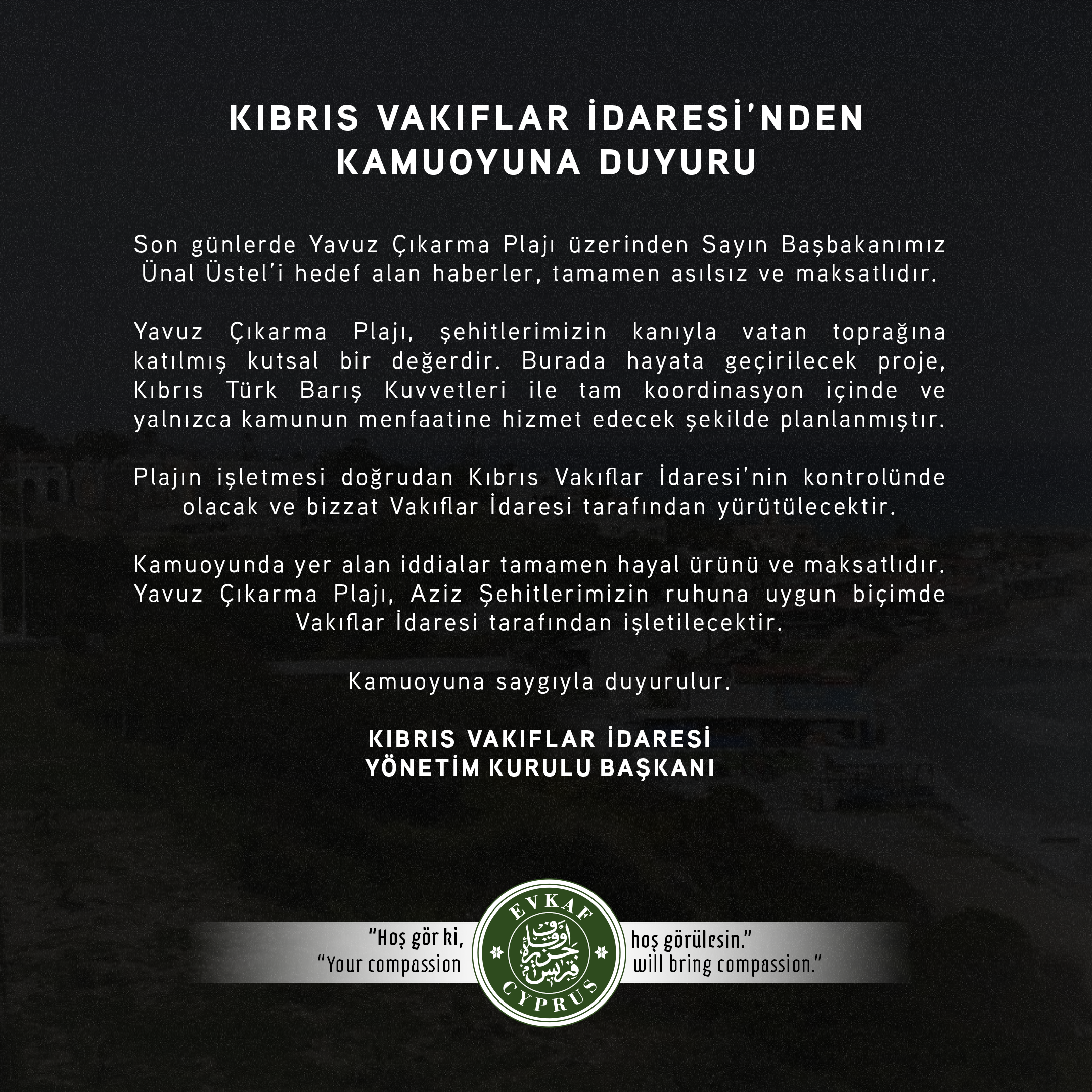 Kıbrıs Vakıflar İdaresi'nden Kamuoyuna Duyuru