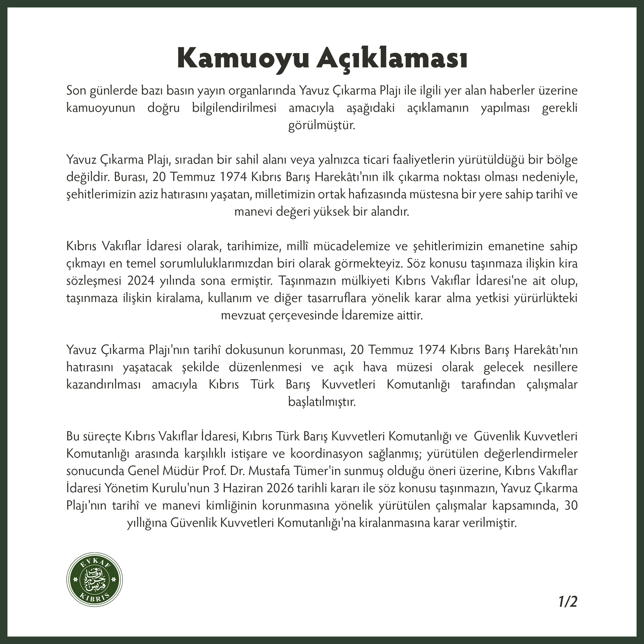 Yavuz Çıkarma Plajı Hakkında Kamuoyu Duyurusu