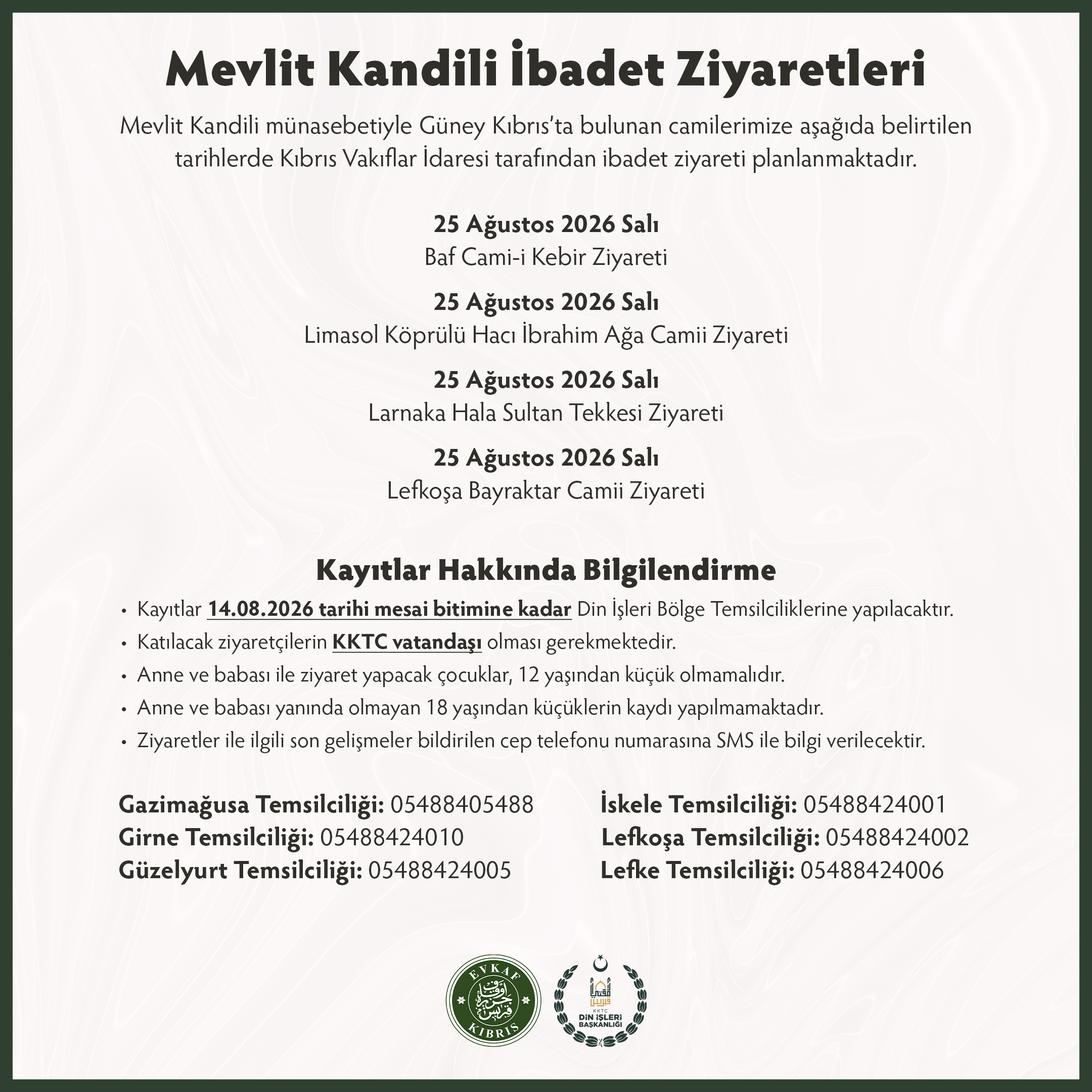 Mevlit Kandili münasebetiyle Güney Kıbrıs’ta bulunan tarihi ibadet mekânlarımıza yönelik ziyaretler planlanmaktadır.