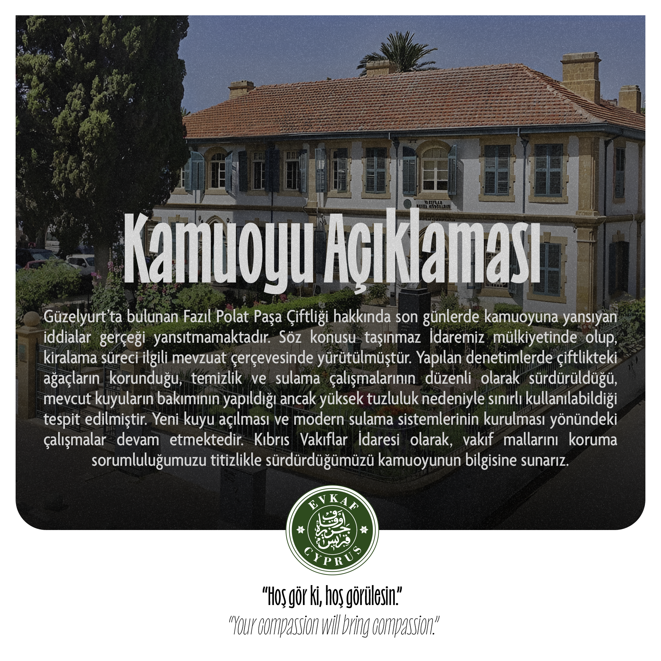 Kıbrıs Vakıflar İdaresi’nden Fazıl Polat Paşa Çiftliği İddialarına İlişkin Kamuoyu Açıklaması
