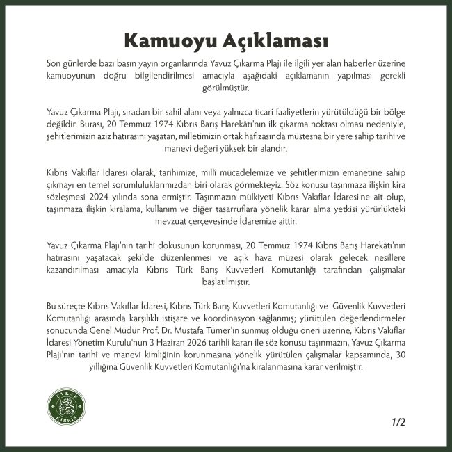 Public Announcement Regarding Yavuz Landing Beach